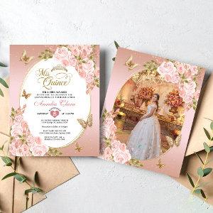 Floral Blush Pink Gold Butterfly Photo Quinceañera