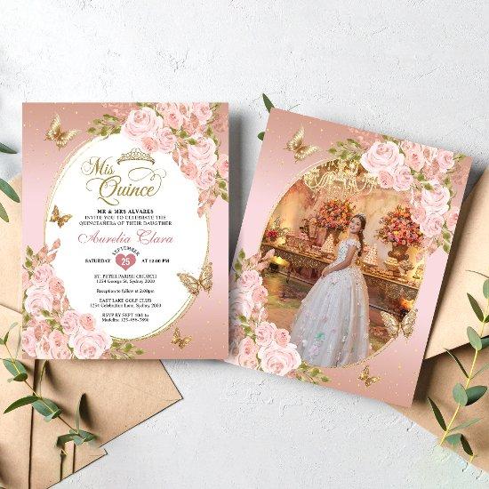 Floral Blush Pink Gold Butterfly Photo Quinceañera