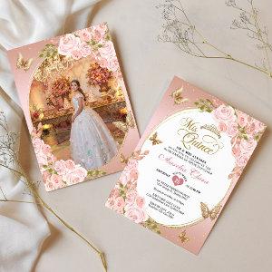 Floral Blush Pink Gold Butterfly Photo Quinceañera
