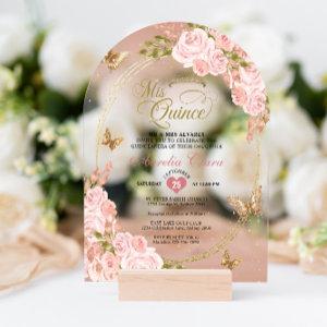 Floral Blush Pink Gold Butterfly Quinceañera Arch Acrylic