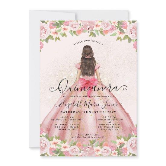 Floral Blush Pink Gold Glam Princess Quinceanera