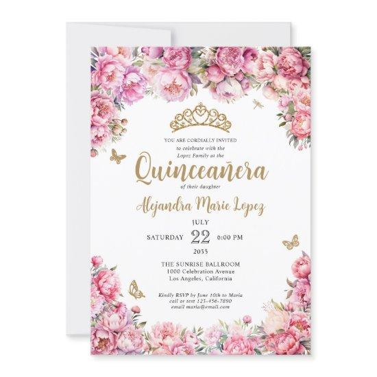 Floral Blush Pink Gold Glitter Tiara Quinceañera