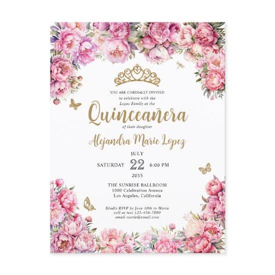 Floral Blush Pink Gold Glitter Tiara Quinceañera Postcard