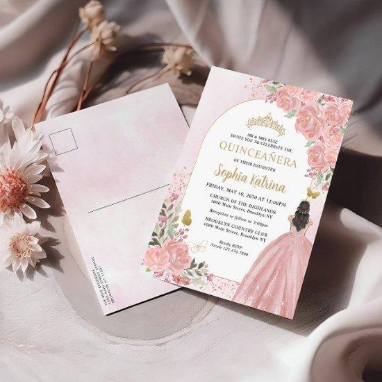 Floral Blush Pink Gold Gown Birthday Quinceanera  Postcard
