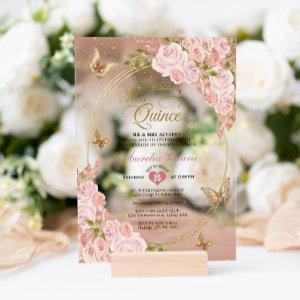 Floral Blush Pink Gold Tiara Butterfly Quinceañera Acrylic