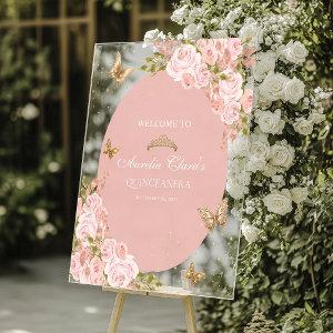 Floral Blush Pink Gold Tiara Butterfly Quinceañera Acrylic Sign
