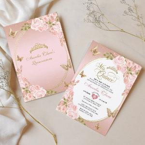 Floral Blush Pink Gold Tiara Butterfly Quinceañera