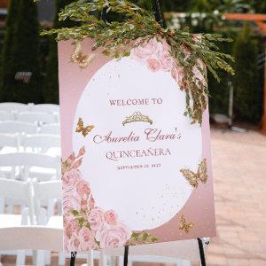 Floral Blush Pink Gold Tiara Butterfly Quinceañera Poster