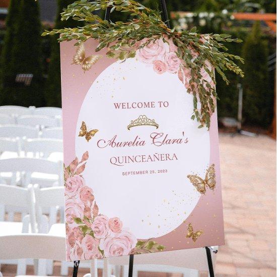 Floral Blush Pink Gold Tiara Butterfly Quinceañera Poster