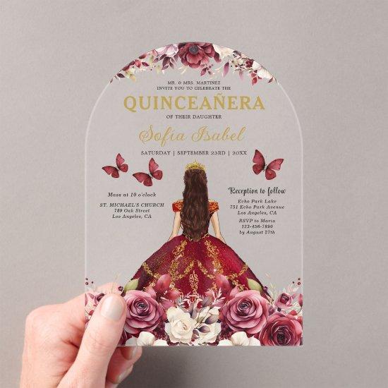 Floral Burgundy Butterfly Princess Quinceanera Acrylic