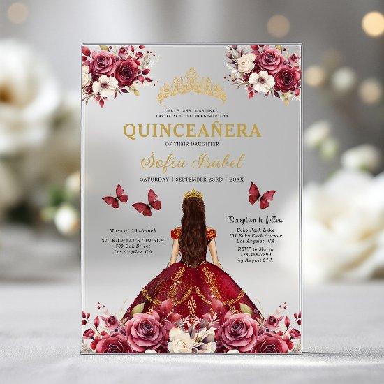 Floral Burgundy Butterfly Princess Quinceanera Acrylic