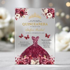 Floral Burgundy Butterfly Princess Quinceanera Acrylic