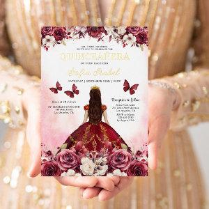 Floral Burgundy Butterfly Princess Quinceanera Foil
