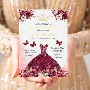 Floral Burgundy Butterfly Princess Quinceanera Foil