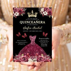 Floral Burgundy Butterfly Princess Quinceanera Foil