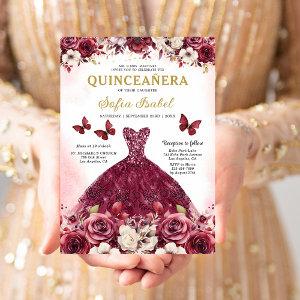 Floral Burgundy Butterfly Princess Quinceanera
