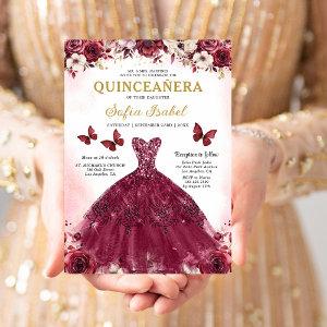 Floral Burgundy Butterfly Princess Quinceanera