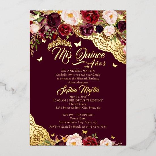 Floral Burgundy Gold Butterfly Lace Quinceanera Foil