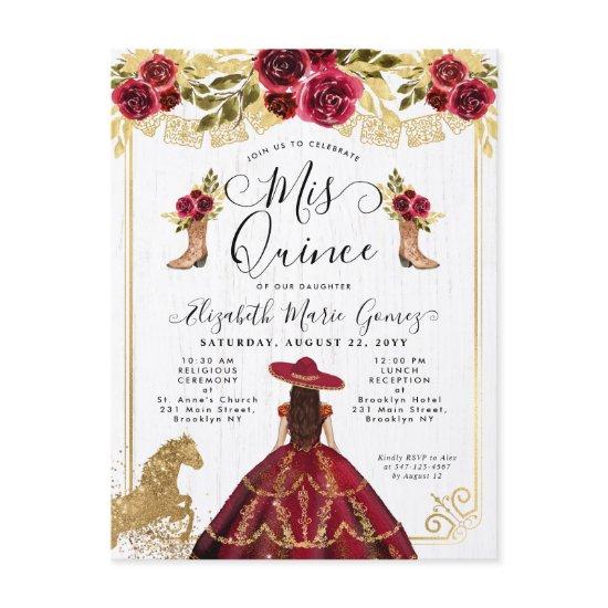 Floral Burgundy Gold Charra Princess Quinceanera  Postcard