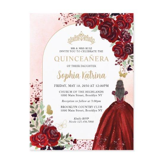 Floral Burgundy Gold Princess Birthday Quinceanera  Postcard