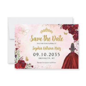 Floral Burgundy Gold Princess Birthday Quinceanera Save The Date