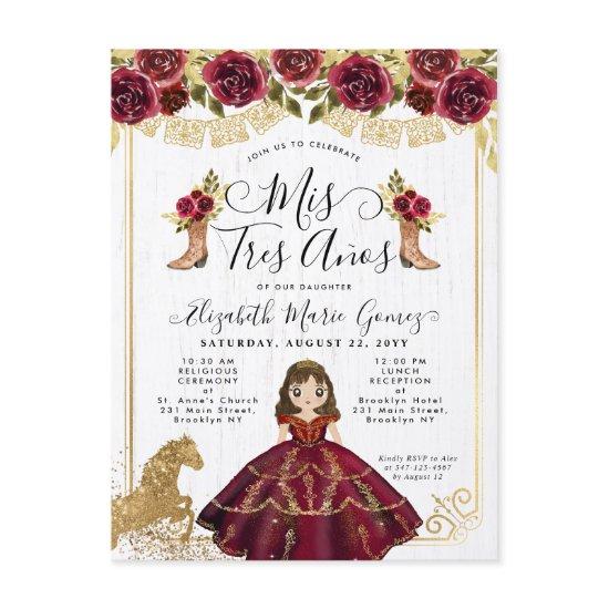 Floral Burgundy Gold Princess Mis 3 Años Birthday  Postcard