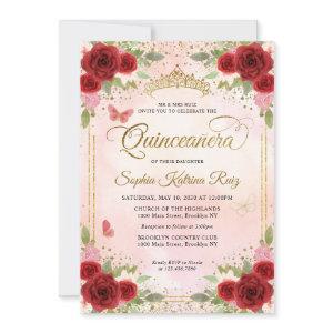 Floral Burgundy Pink Gold Crown Quinceañera
