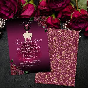 Floral Burgundy Princess Gold Birthday Quinceañera