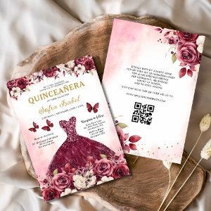 Floral Burgundy QR Code Princess Quinceanera