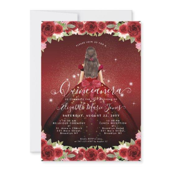 Floral Burgundy Red Gold Glam Princess Quinceanera
