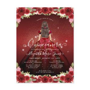 Floral Burgundy Red Gold Glam Princess Quinceanera Postcard