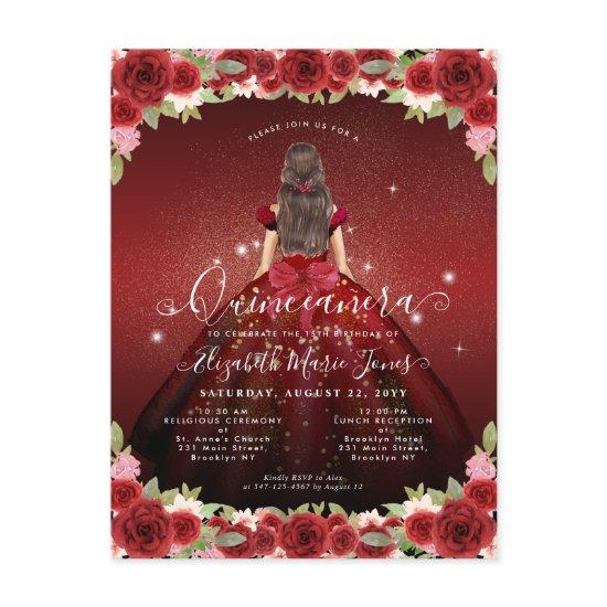Floral Burgundy Red Gold Glam Princess Quinceanera Postcard