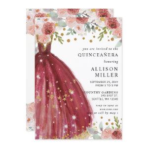 Floral Burgundy Red Gold Glitter Dress QUINCEAÑERA
