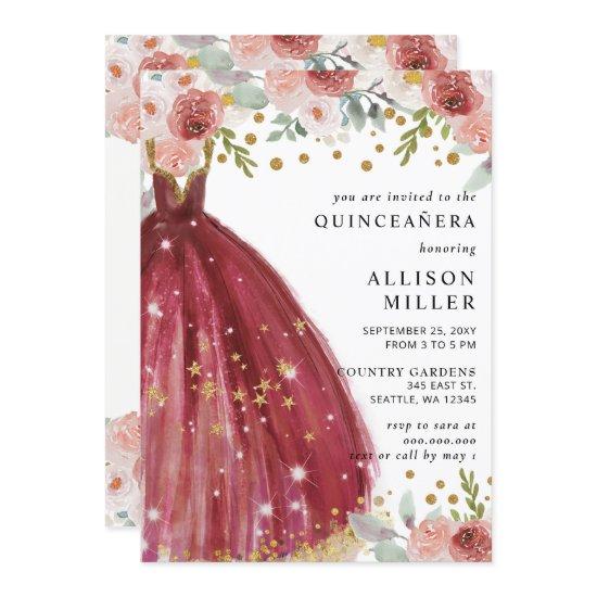 Floral Burgundy Red Gold Glitter Dress QUINCEAÑERA