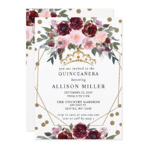 Floral Burgundy Red Gold Glitter Tiara QUINCEAÑERA