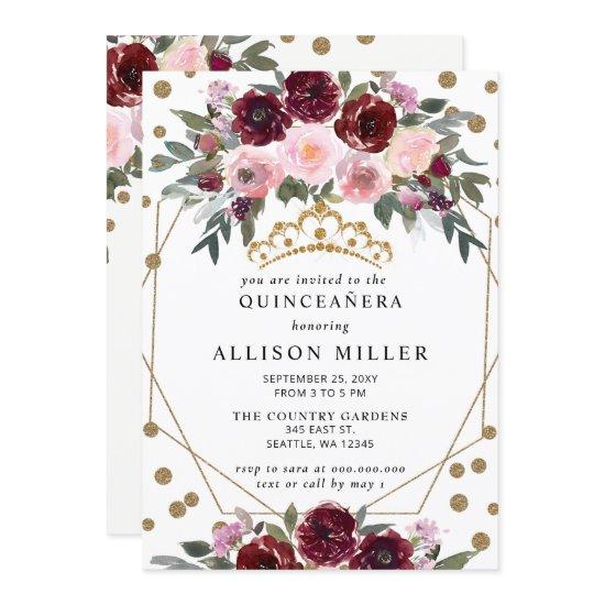 Floral Burgundy Red Gold Glitter Tiara QUINCEAÑERA
