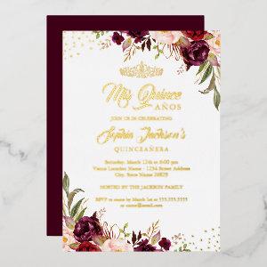 Floral Burgundy Red Gold Quinceanera Foil