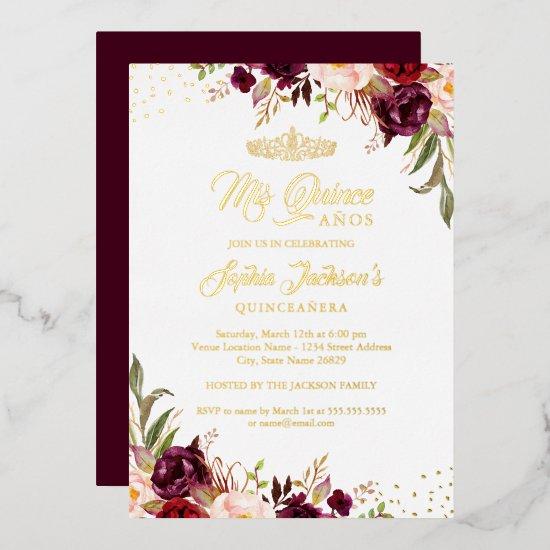 Floral Burgundy Red Gold Quinceanera Foil
