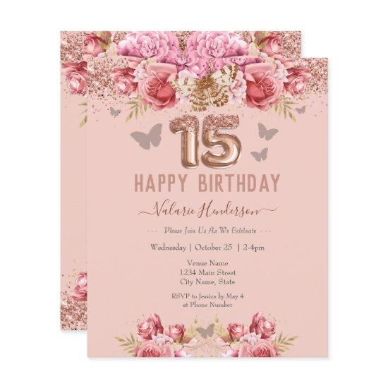 Floral Butterflies Pink Happy 15th Birthday