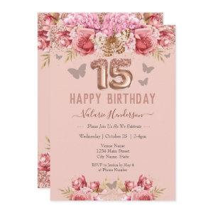 Floral Butterflies Pink Happy 15th Birthday Invita