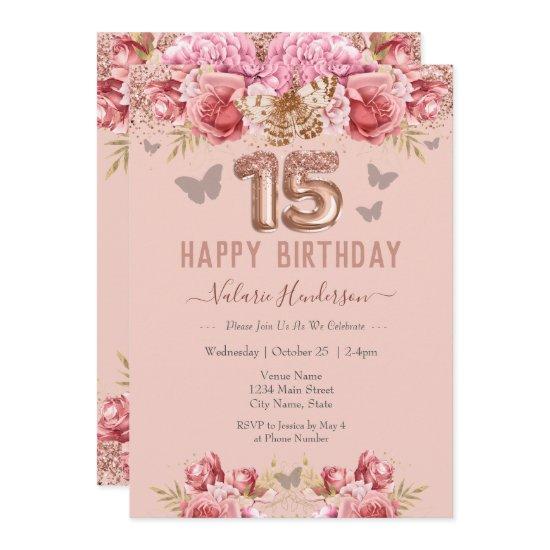 Floral Butterflies Pink Happy 15th Birthday Invita