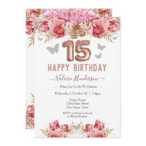 Floral Butterflies Pink Happy 15th Birthday