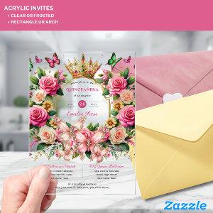 Floral Butterflies QUINCEANERA Tiara Pink Roses Acrylic