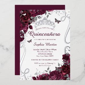 Floral Butterfly Elegant Burgundy Quinceanera Foil