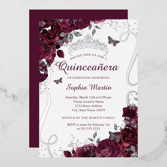 Floral Butterfly Elegant Burgundy Quinceanera Foil