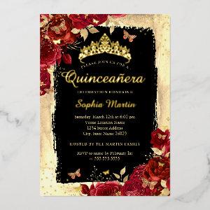 Floral Butterfly Gold Red Black Quinceanera Foil
