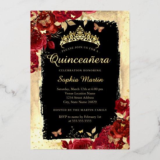 Floral Butterfly Gold Red Black Quinceanera Foil