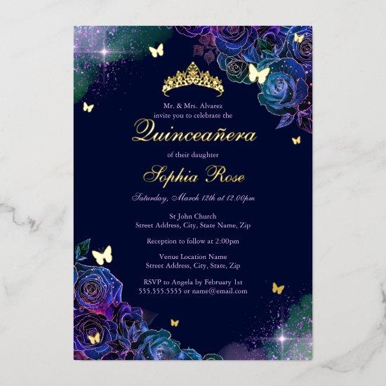 Floral Butterfly Rainbow Gold Quinceanera Foil