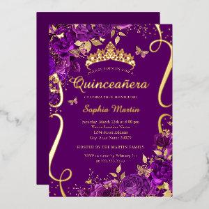 Floral Butterfly Scroll Purple Quinceanera  Foil
