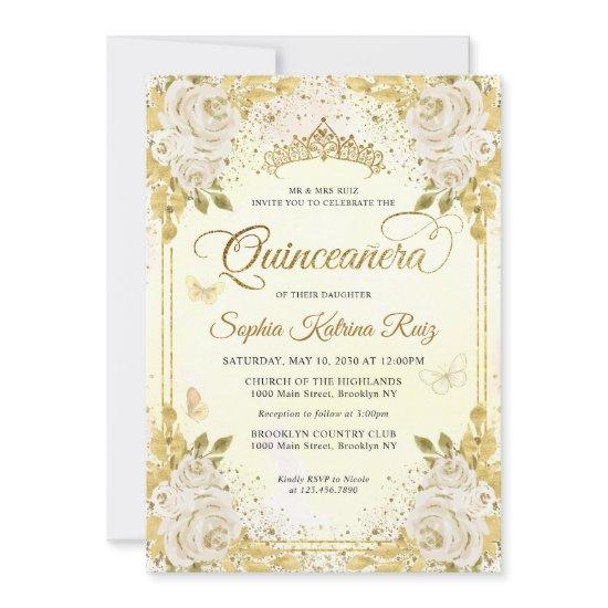 Floral Champagne Gold Glitter Crown Quinceañera